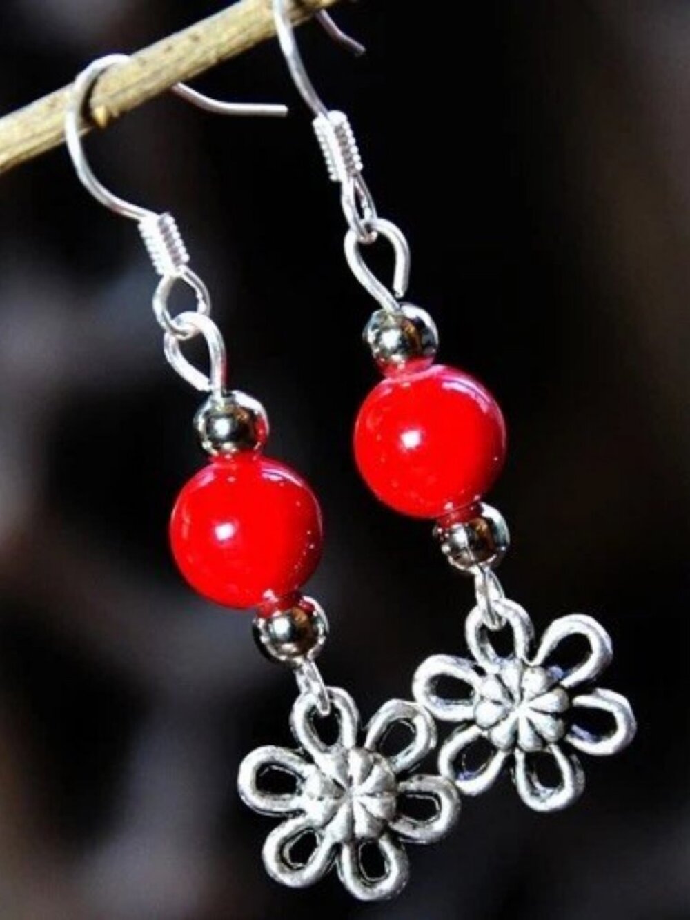 New Red Bead Flower Dangle Earrings Silver Tone Boho Gift